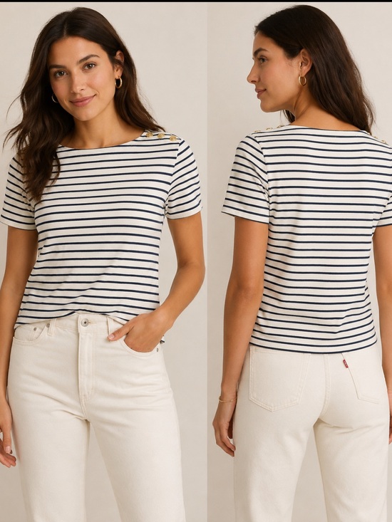 J. Crew Tops - J. Crew Stripped Sailor Tee Gold Button Shoulder Blouse, Europe Trip Sz S